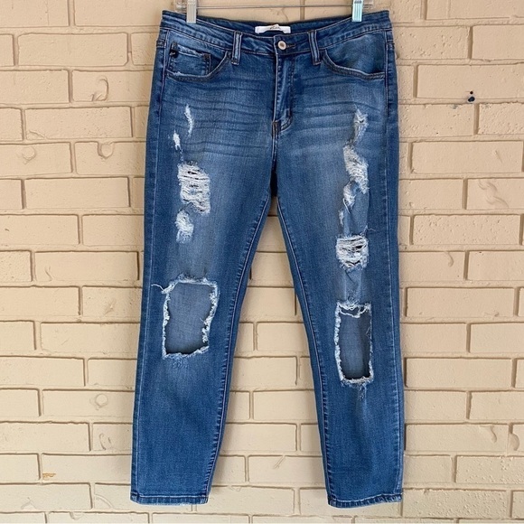 KanCan Jeans Size 13 / 30 Boyfriend Cut  Med Blue Distressed Relaxed Fit Denim - Picture 1 of 8
